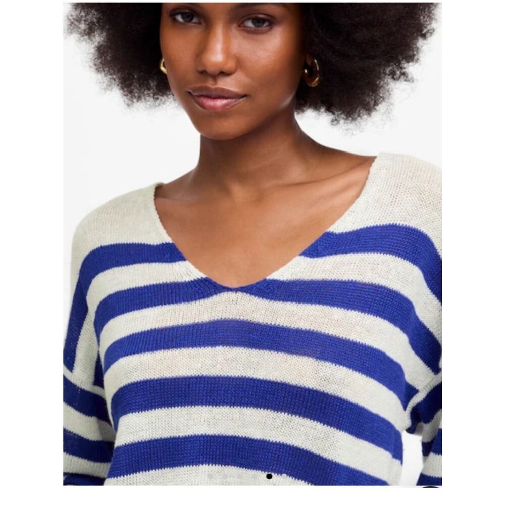 Madewell Blue and White Striped V-Neck Linen Sweater rolled hemlines size Small - Picture 3 of 13